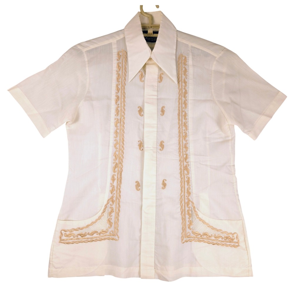 Vintage Caravelle Mens Cream Embroidered Barong Style Short Sleeve Shirt Medium
